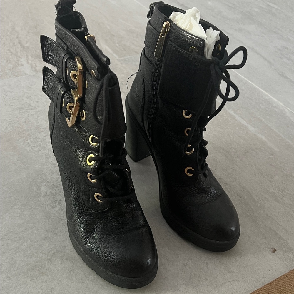 Guess Black Ankle Boots with Gold Accents